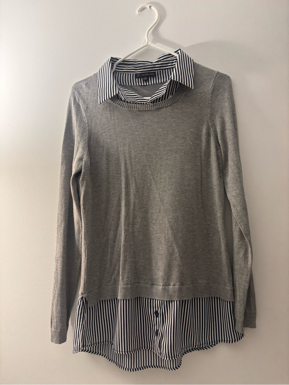 Adrianna Papell Gray Layered Sweater with Navy & White Striped Shirt Detail